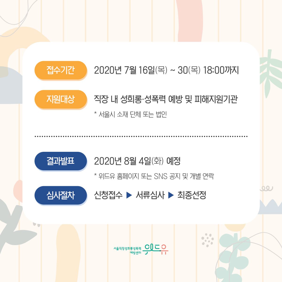 카드뉴스 3장 시작 (접수기간 : 2020년 7월 16일(목)~30일(목) 18:00까지 | 지원대상 : 직장 내 성희롱·성폭력 예방 및 피해지원기관 * 서울시 소재 단체 또는 법인 | 결과발표 : 2020년 8월 4일(화) 예정 * 위드유 홈페이지 또는 SNS 공지 및 개별 연락 | 심사절차 : 신청접수→서류심사→최종선정) 위드유 서울직장성희롱성폭력예방센터. 카드뉴스 3장 끝