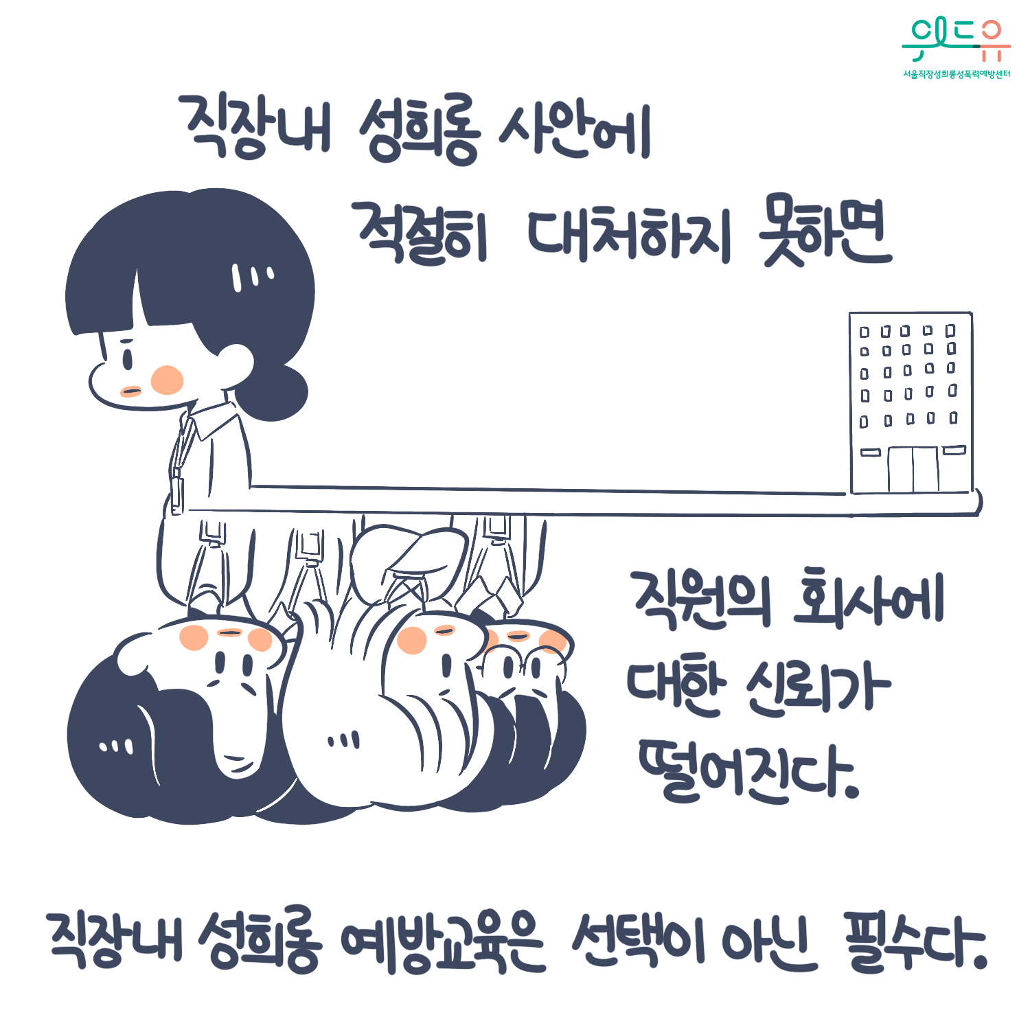 카드뉴스 8장 시작 (직장 내 성희롱 사안에 적절히 대처하지 못하면 직원의 회사에 대한 신뢰가 떨어진다. 직장 내 성희롱 예방교육은 선택이 아닌 필수다.) 위드유 서울직장성희롱성폭력예방센터. 카드뉴스 8장 끝