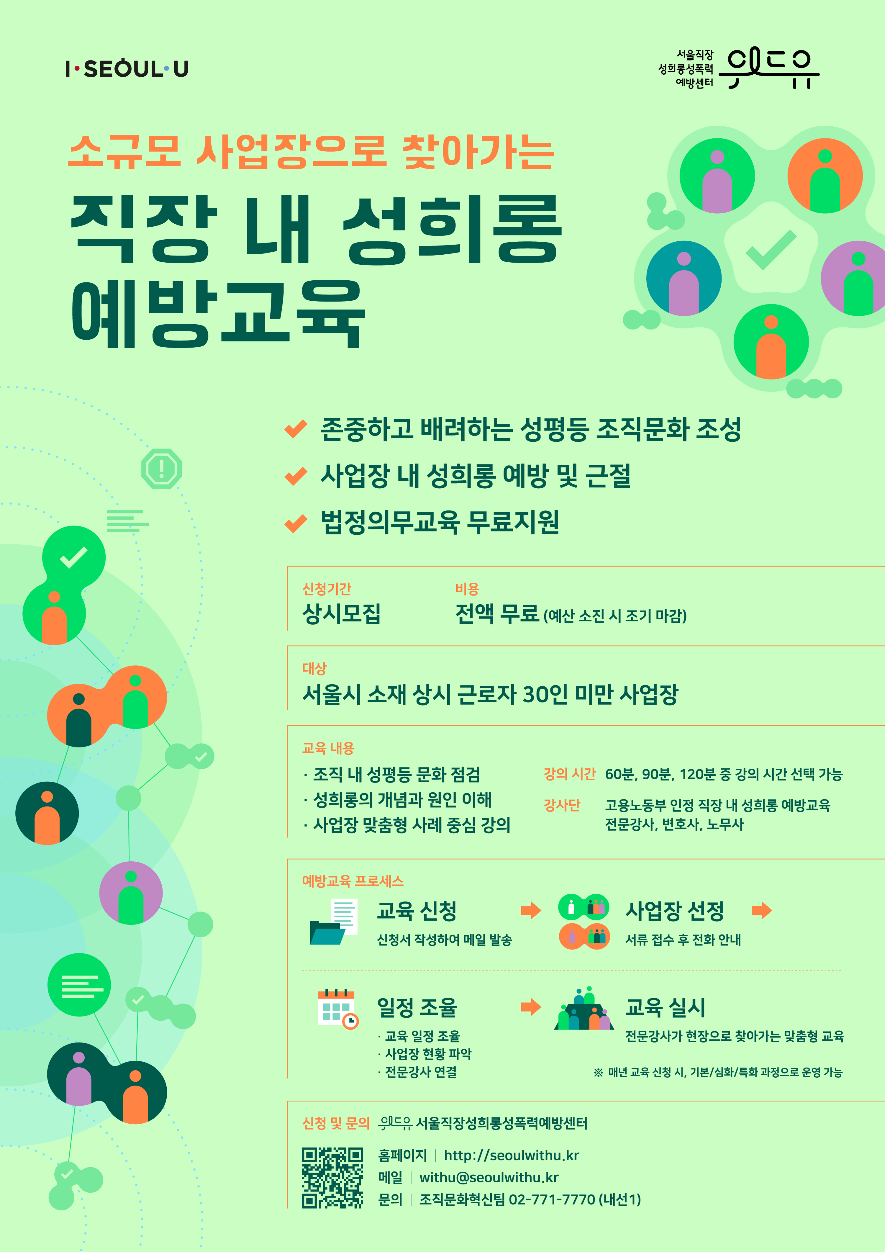 I SEOUL U, 위드유 서울직장성희롱성폭력예방센터. 소규모 사업장으로 찾아가는 직장 내 성희롱 예방교육을 소개합니다. 존중하고 배려하는 성평등 조직문화 조성, 사업장 내 성희롱 예방 및 근절을 위해 법정의무교육 중 직장 내 성희롱 예방교육을 무료로 지원합니다! 신청기간은 상시모집 입니다. 비용은 서울시 지원으로 전액 무료이며, 예산 소진 시 조기 마감될 수 있습니다. 대상은 서울시 소재 상시 근로자 30인 미만 사업장입니다. 교육 내용은 다음과 같습니다. 1.조직 내 성평등 문화 점검 2.성희롱의 개념과 원인 이해 3.사업장 맞춤형 사례 중심 강의. 강의 시간은 60분과 90분, 120분 중 선택 가능합니다. 강사단에는 고용노동부 인정 직장 내 성희롱 예방교육 전문강사와 변호사, 노무사가 있습니다. 예방교육 프로세스를 안내드립니다. 신청서를 작성하여 메일을 발송해주시면 신청이 접수됩니다. 서류 검토 후 전화로 선정 여부를 안내드립니다. 이후 교육 일정을 조율하고, 사업장 현황을 파악하며, 이를 토대로 전문강사를 연결해드립니다. 마지막으로 전문강사가 현장으로 찾아가 맞춤형 교육을 실시하면 예방교육은 종료됩니다. *매년 교육 신청 시, 기본/심화/특화 과정으로 운영이 가능합니다. 신청을 원하시면 해당 게시글의 상단 첨부파일을 다운로드 하여 메일로 보내주세요. 서류를 확인하고 연락드리겠습니다. 만약 문의하실 내용이 있으시다면 02-771-7770 내선번호 1번 조직문화혁신팀으로 연락 바랍니다.