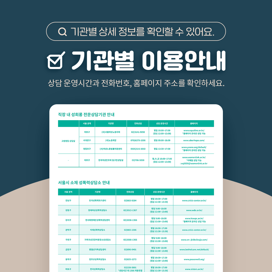 기관별 상세 정보를 확인할 수 있어요. 기관별 이용 안내. 상담 운영시간과 전화번호, 홈페이지 주소를 확인하세요. 자세한 내용은 첨부파일로 확인할 수 있습니다.