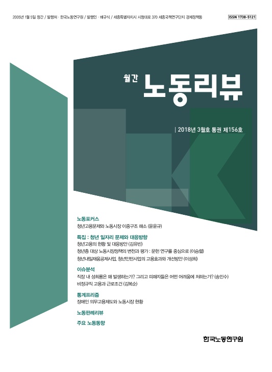 2005년 1월 5일 창간/발행처·한국노동연구원/발행인·배규식/세종특별자치시 시청대로 370 세종국책연구단지 경제정책동 ISSN 1738-5121 월간 노동리뷰 표지 2018년 3월호 통권 제156호 노동포커스 청년고용문제와 노동시장 이중구조 해소 (윤윤규) 특집: 청년 일자리 문제와 대응방향 청년고용의 현황 및 대응방안 (김유빈) 청년층 대상 노동시장정책의 변천과 평가:문헌 연구를 중심으로 (이승렬) 청년내일채움공제사업, 청년인턴사업의 고용효과와 개선방안 (이성희) 이슈분석 직장 내 성희롱은 왜 발생하는가? 그리고 피해자들은 어떤 어려움에 처하는가? (송민수) 비정규직 고용과 근로조건 (김복순) 통계프리즘 장애인 의무고용제도와 노동시장 현황 노동판례리뷰 주요 노동동향 한국노동연구원