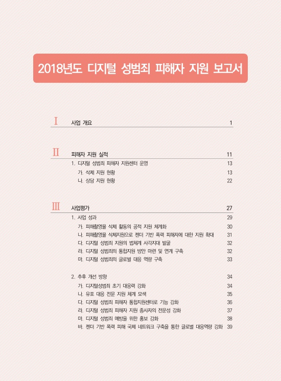 2018년도 디지털 성범죄 피해자 지원 보고서 목차 Ⅰ 사업 개요 1페이지 Ⅱ 피해자 지원 실적 11페이지 1. 디지털 성범죄 피해자 지원센터 운영 13페이지 가. 삭제 지원 현황 13페이지 나. 상담 지원 현황 22페이지 Ⅲ 사업평가 27페이지 1. 사업 성과 29페이지 가. 피해촬영물 삭제 활동의 공적 지원 체계화 30페이지 나. 피해촬영물 삭제지원으로 젠더 기반 폭력 피해자에 대한 지원 확대 31페이지 다. 디지털 성범죄 지원의 법체계 사각지대 발굴 32페이지 라. 디지털 성범죄의 통합지원 방안 마련 및 연계 구축 32페이지 마. 디지털 성범죄의 글로벌 대응 역량 구축 33페이지 2. 추후 개선 방향 34페이지 가. 디지털성범죄 초기 대응력 강화 34페이지 나. 유포 대응 전문 지원 체계 모색 35페이지 다. 디지털 성범죄 피해자 통합지원센터로 기능 강화 36페이지 라. 디지털 성범죄 피해자 지원 종사자의 전문성 강화 37페이지 마. 디지털 성범죄 예방을 위한 홍보 강화 38페이지 바. 젠더 기반 폭력 국제 네트워크 구축을 통한 글로벌 대응역량 강화 39페이지