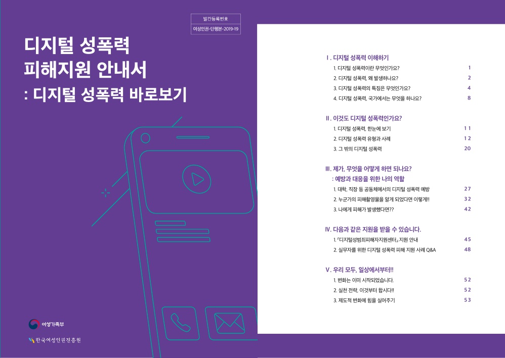 발간등록번호 여성인권-단행본-2019-19 디지털 성폭력 피해지원 안내서 : 디지털 성폭력 바로보기 목차 여성가족부 한국여성인권진흥원 Ⅰ. 디지털 성폭력 이해하기 1. 디지털 성폭력이란 무엇인가요? 1페이지 2. 디지털 성폭력, 왜 발생하나요? 2페이지 3. 디지털 성폭력의 특징은 무엇인가요? 4페이지 4. 디지털 성폭력, 국가에서는 무엇을 하나요? 8페이지 Ⅱ. 이것도 디지털 성폭력인가요? 1. 디지털 성폭력, 한눈에 보기 11페이지 2. 디지털 성폭력 유형과 사례 12페이지 3. 그 밖의 디지털 성폭력 20페이지  Ⅲ. 제가, 무엇을 어떻게 하면 되나요? : 예방과 대응을 위한 나의 역할 1. 대학, 직장 등 공동체에서의 디지털 성폭력 예방 27페이지 2. 누군가의 피해촬영물을 알게 되었다면 이렇게!! 32페이지 3. 나에게 피해가 발생했다면?? 42페이지 Ⅳ. 다음과 같은 지원을 받을 수 있습니다. 1. ｢디지털성범죄피해자지원센터｣ 지원 안내 45페이지 2. 실무자를 위한 디지털 성폭력 피해 지원 사례 Q&A 48페이지 Ⅴ. 우리 모두, 일상에서부터!! 1. 변화는 이미 시작되었습니다. 52페이지 2. 실천 전략, 이것부터 합시다!! 52페이지 3. 제도적 변화에 힘을 실어주기 53페이지