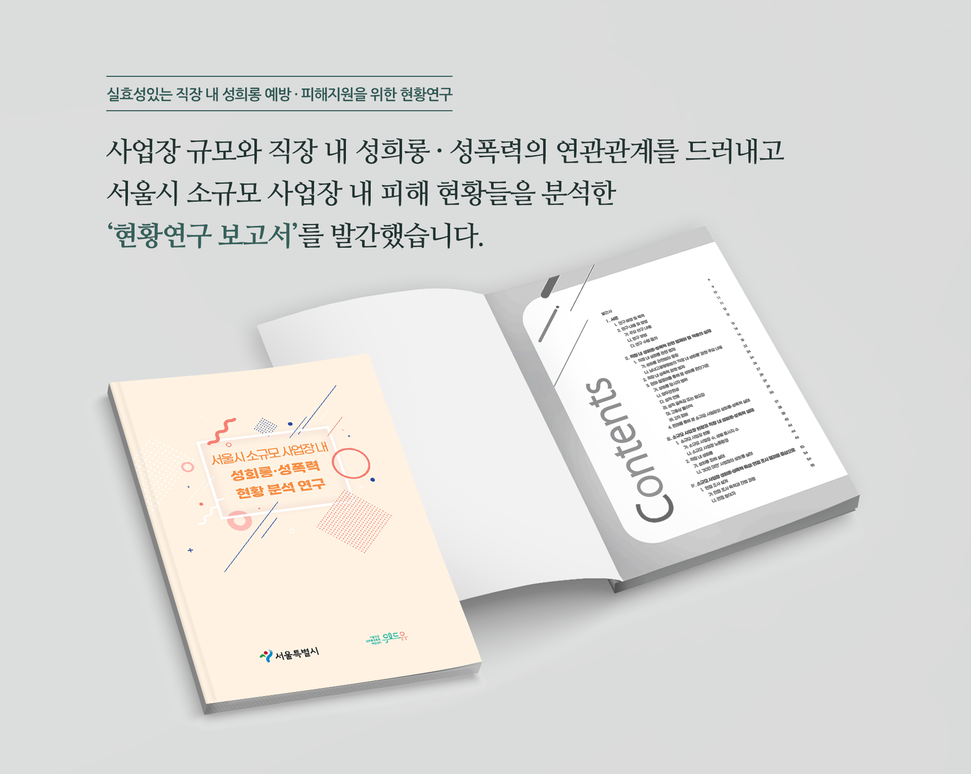 실효성있는 직장 내 성희롱 예방·피해지원을 위한 현황연구 사업장 규모와 직장 내 성희롱·성폭력의 연관관계를 드러내고 서울시 소규모 사업장 내 피해 현황들을 분석한 현황연구 보고서를 발간했습니다. 서울시 소규모 사업장 내 성희롱·성폭력 현황 분석 연구. 서울특별시, 위드유 서울직장성희롱성폭력예방센터