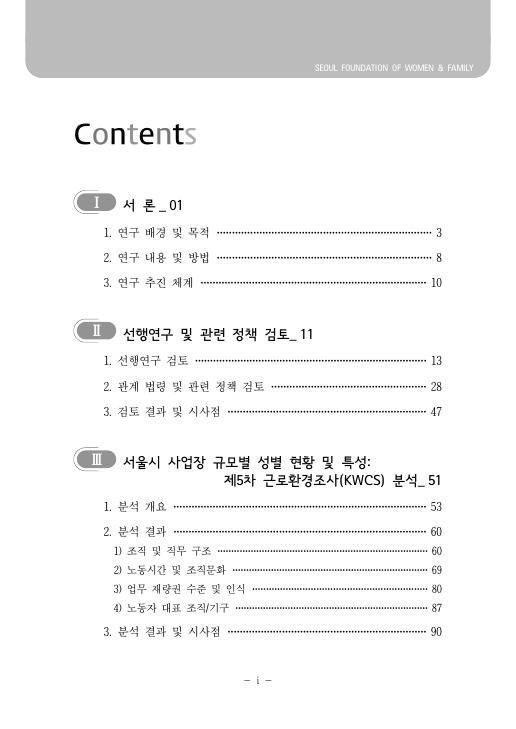 SEOUL FOUNDATION OF WOMEN & FAMILY. 목차 Contents Ⅰ 서 론 _ 01페이지 1. 연구 배경 및 목적 3페이지 2. 연구 내용 및 방법 8페이지 3. 연구 추진 체계 10페이지 Ⅱ 선행연구 및 관련 정책 검토_ 11페이지 1. 선행연구 검토 13페이지 2. 관계 법령 및 관련 정책 검토 28페이지 3. 검토 결과 및 시사점 47페이지 Ⅲ 서울시 사업장 규모별 성별 현황 및 특성:제5차 근로환경조사(KWCS) 분석_ 51페이지 1. 분석 개요 53페이지 2. 분석 결과 60페이지 1) 조직 및 직무 구조 60페이지 2) 노동시간 및 조직문화 69페이지 3) 업무 재량권 수준 및 인식 80페이지 4) 노동자 대표 조직/기구 87페이지 3. 분석 결과 및 시사점 90페이지