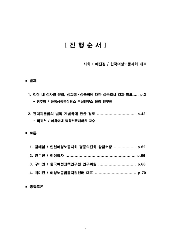 목차 [진행순서] 사회:배진경/한국여성노동자회 대표 발제 1. 직장 내 성차별 문화, 성희롱·성폭력에 대한 설문조사 결과 발표 p.3 - 장주리/한국성폭력상담소 부설연구소 울림 연구원 2. 젠더괴롭힘의 법적 개념화에 관한 검토 p.42 - 박귀천/이화여대 법학전문대학원 교수 토론 1. 김태임 / 인천여성노동자회 평등의전화 상담소장 p.62 2. 권수현 / 여성학자 p.66 3. 구미영 / 한국여성정책연구원 연구위원 p.68 4. 최미진 / 여성노동법률지원센터 대표 p.70 종합토론
