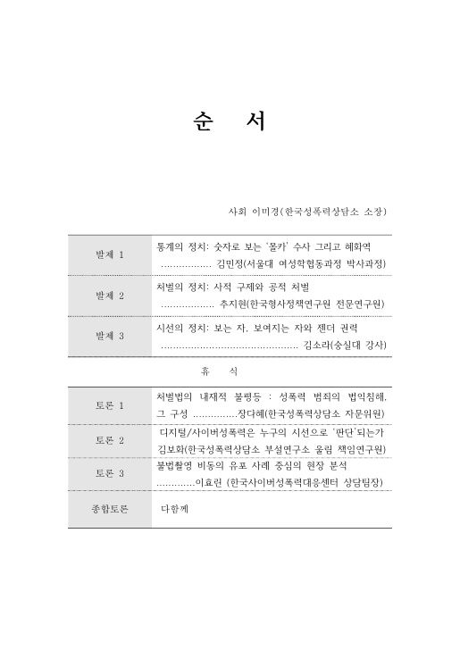 순서 사회 이미경(한국성폭력상담소 소장) 발제 1 통계의 정치: 숫자로 보는 ‘몰카’ 수사 그리고 혜화역 김민정(서울대 여성학협동과정 박사과정) 발제 2 처벌의 정치: 사적 구제와 공적 처벌 추지현(한국형사정책연구원 전문연구원) 발제 3 시선의 정치: 보는 자, 보여지는 자와 젠더 권력 김소라(숭실대 강사) 휴식 토론 1 처벌법의 내재적 불평등 : 성폭력 범죄의 법익침해, 그 구성 장다혜(한국성폭력상담소 자문위원) 토론 2 디지털/사이버성폭력은 누구의 시선으로 ‘판단’되는가 김보화(한국성폭력상담소 부설연구소 울림 책임연구원) 토론 3 불법촬영 비동의 유포 사례 중심의 현장 분석 이효린 (한국사이버성폭력대응센터 상담팀장) 종합토론 다함께