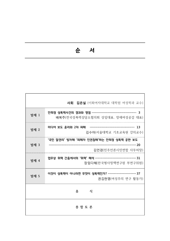 순서 사회 김은실(이화여대 대학원 여성학과 교수) 발제 1 안희정 성폭력사건의 경과와 쟁점 배복주(전국성폭력상담소 상임대표, 장애여성공감 대표) 3페이지 발제 2 미디어 보도 윤리와 2차 피해 김수아(서울대학교 기초교육원 강의교수) 13페이지 발제 3 ‘국민 알권리’ 빙자해 ‘피해자 인권침해’하는 안희정 성폭력 공판보도. 김언경(민주언론시민연합 사무처장) 20페이지 발제 4 업무상 위력 간음에서의 ‘위력’ 해석 장임다혜(한국형사정책연구원 연구위원) 31페이지 발제 5 이것이 성폭력이 아니라면 무엇이 성폭력인가? 권김현영(여성주의연구 활동가) 37페이지 휴식 종합토론