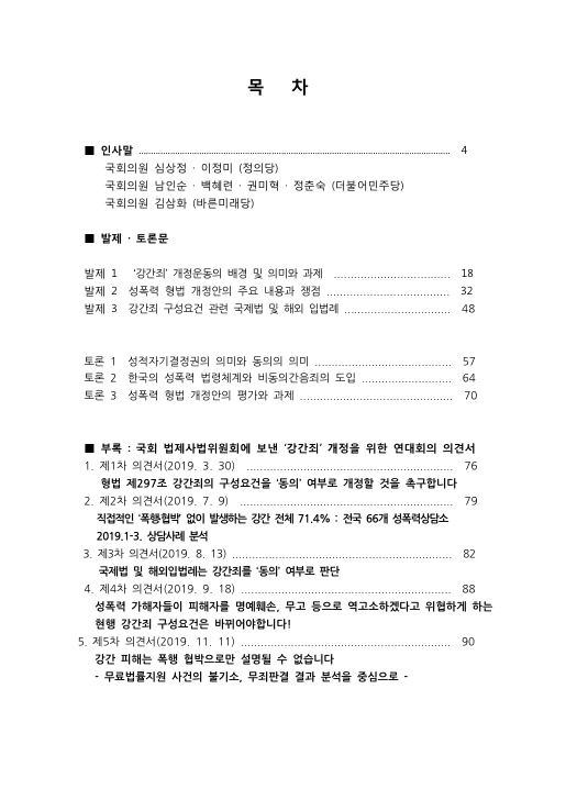 목차 인사말 4페이지 국회의원 심상정·이정미 (정의당) 국회의원 남인순·백혜련·권미혁·정춘숙 (더불어민주당) 국회의원 김삼화 (바른미래당) 발제·토론문 발제 1 ‘강간죄’ 개정운동의 배경 및 의미와 과제 18페이지 발제 2 성폭력 형법 개정안의 주요 내용과 쟁점 32페이지 발제 3 강간죄 구성요건 관련 국제법 및 해외 입법례 48페이지 토론 1 성적자기결정권의 의미와 동의의 의미 57페이지 토론 2 한국의 성폭력 법령체계와 비동의간음죄의 도입 64페이지 토론 3 성폭력 형법 개정안의 평가와 과제 70페이지 부록 : 국회 법제사법위원회에 보낸 ‘강간죄’ 개정을 위한 연대회의 의견서 1. 제1차 의견서(2019. 3. 30) 76페이지 형법 제297조 강간죄의 구성요건을 ‘동의’ 여부로 개정할 것을 촉구합니다 2. 제2차 의견서(2019. 7. 9) 79페이지 직접적인 ‘폭행·협박’ 없이 발생하는 강간 전체 71.4% : 전국 66개 성폭력상담소 2019.1-3. 상담사례 분석 3. 제3차 의견서(2019. 8. 13) 82페이지 국제법 및 해외입법례는 강간죄를 ‘동의’ 여부로 판단 4. 제4차 의견서(2019. 9. 18) 88페이지 성폭력 가해자들이 피해자를 명예훼손, 무고 등으로 역고소하겠다고 위협하게 하는 현행 강간죄 구성요건은 바뀌어야합니다! 5. 제5차 의견서(2019. 11. 11) 90페이지 강간 피해는 폭행 협박으로만 설명될 수 없습니다 - 무료법률지원 사건의 불기소, 무죄판결 결과 분석을 중심으로 -