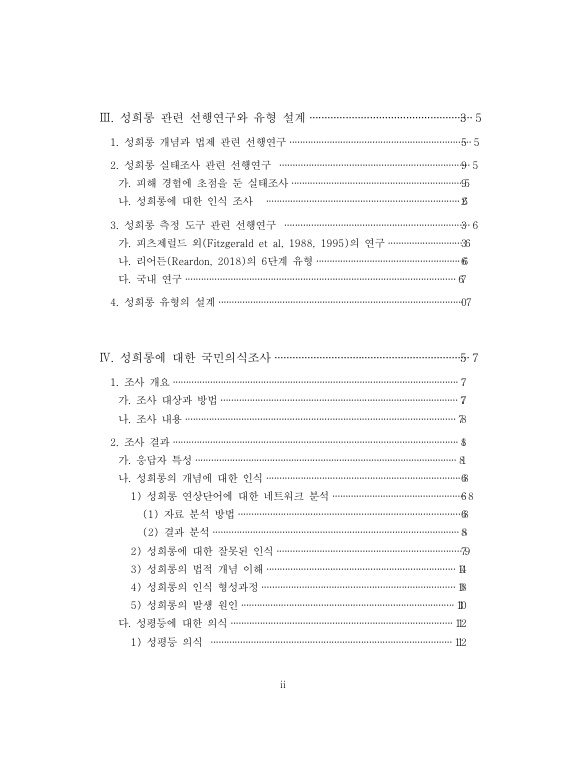 목차 Ⅲ. 성희롱 관련 선행연구와 유형 설계 53페이지 1. 성희롱 개념과 법제 관련 선행연구 55페이지 2. 성희롱 실태조사 관련 선행연구 59페이지 가. 피해 경험에 초점을 둔 실태조사 59페이지 나. 성희롱에 대한 인식 조사 62페이지 3. 성희롱 측정 도구 관련 선행연구 63페이지 가. 피츠제럴드 외(Fitzgerald et al, 1988, 1995)의 연구 63페이지 나. 리어든(Reardon, 2018)의 6단계 유형 66페이지 다. 국내 연구 67페이지 4. 성희롱 유형의 설계 70페이지 Ⅳ. 성희롱에 대한 국민의식조사 75페이지 1. 조사 개요 77페이지 가. 조사 대상과 방법 77페이지 나. 조사 내용 78페이지 2. 조사 결과 81페이지 가. 응답자 특성 81페이지 나. 성희롱의 개념에 대한 인식 86페이지 1) 성희롱 연상단어에 대한 네트워크 분석 86페이지 (1) 자료 분석 방법 86페이지 (2) 결과 분석 88페이지 2) 성희롱에 대한 잘못된 인식 97페이지 3) 성희롱의 법적 개념 이해 104페이지 4) 성희롱의 인식 형성과정 108페이지 5) 성희롱의 발생 원인 110페이지 다. 성평등에 대한 의식 112페이지 1) 성평등 의식 112페이지