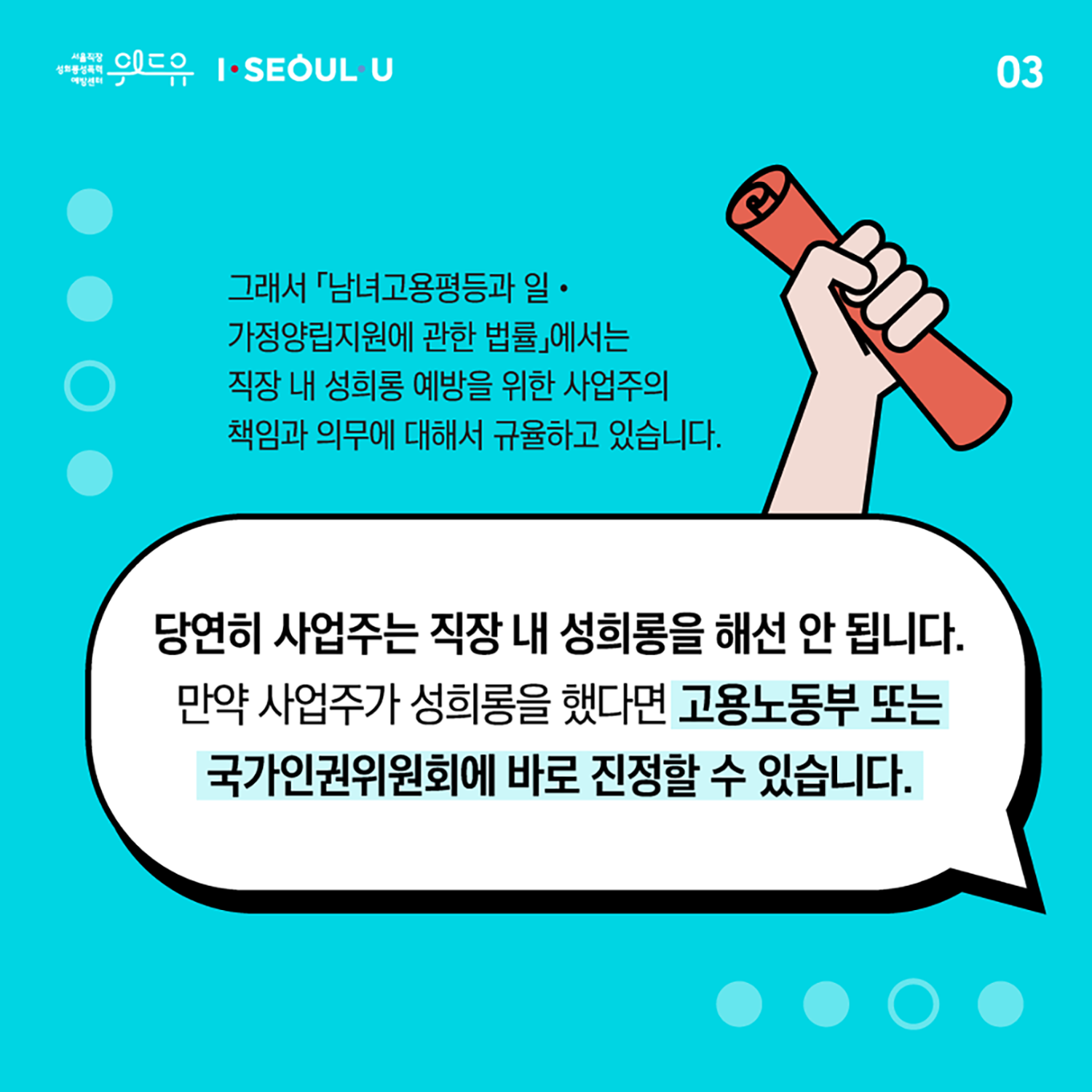 카드뉴스 3장 시작. 그래서 남녀고용평등과 일 가정 양립 지원에 관한 법률 에서는 직장 내 성희롱 예방을 위한 사업주의 책임과 의무에 대해서 규율하고 있습니다. 당연히 사업주는 직장 내 성희롱을 해선 안 됩니다. 만약 사업주가 성희롱을 했다면 고용노동부 또는 국가인권위원회에 바로 진정할 수 있습니다. 카드뉴스 3장 끝. 위드유 서울직장성희롱성폭력예방센터, I SEOUL U.
