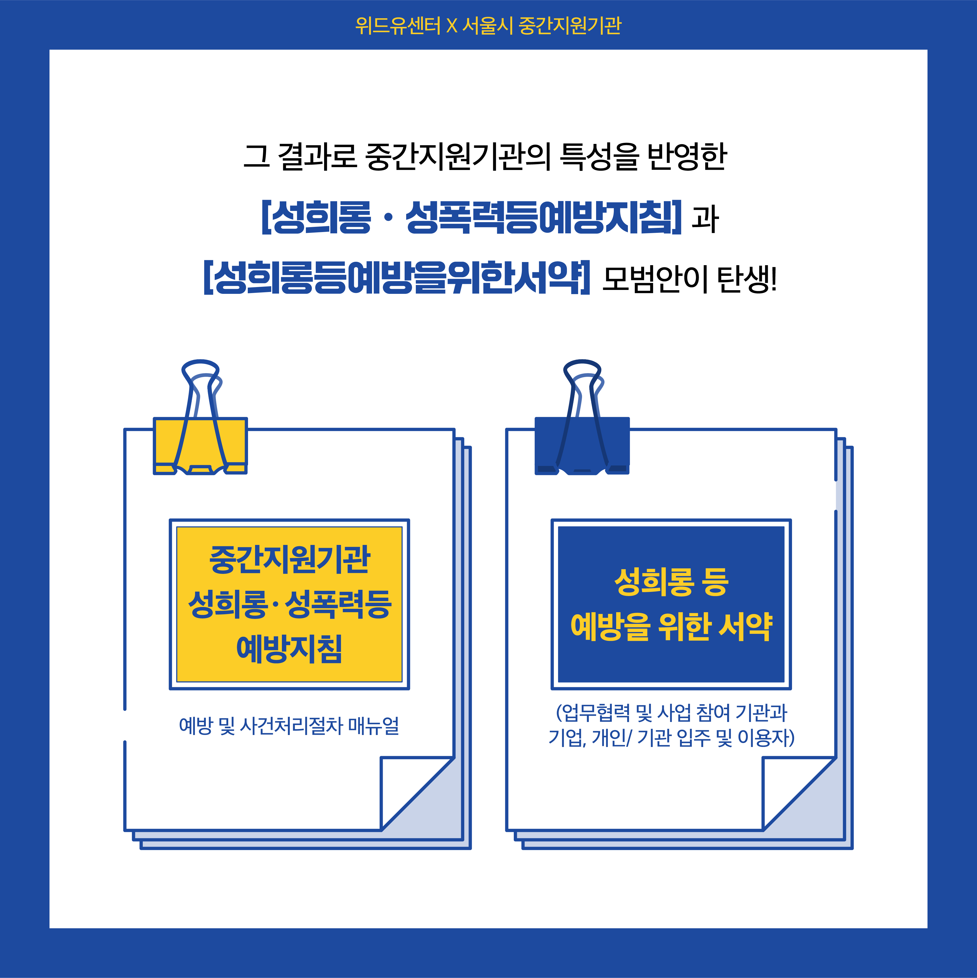 위드유센터X서울시중간지원기관. 그 결과로 중간지원기관의 특성을 반영한 성희롱성폭력등예방지침과 성희롱등예방을위한서약 모범안이 탄생! 이미지1. 중간지원기관 성희롱성폭력등 예방지침. 예방 및 사건처리 절차 매뉴얼 이미지2. 성희롱 등 예방을 위한 서약. 업무협력 및 사업 참여 기관과 기업, 개인, 기관 입주 및 이용자 대상