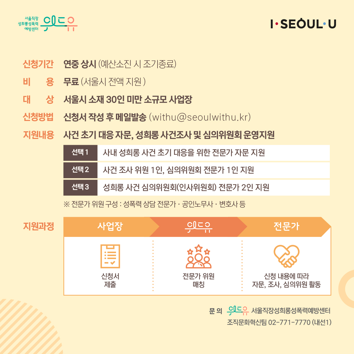 신청기간: 연중 상시 (예산소진 시 조기종료). 비용: 무료 (서울시 전액 지원). 대상: 서울시 소재 30인 미만 소규모 사업장. 신청방법: 신청서 작성 후 메일발송 (withu@seoulwithu.kr). 지원내용: 사건 초기 대응 자문, 성희롱 사건조사 및 심의위원회 운영지원. 선택1-사내 성희롱 사건 초기 대응을 위한 전문가 자문 지원. 선택2-사건 조사 위원 1인, 심의위원회 전문가 1인 지원. 선택3-성희롱 사건 심의위원회(인사위원회)전문가 2인 지원. 전문가 위원 구성:성폭력 상담 전문가, 공인노무사, 변호사 등. 지원과정: 1.사업장-신청서 제출 2.위드유-전문가 위원 매칭 3.전문가-신청 내용에 따라 자문, 조사, 심의위원 활동. 문의: 위드유 서울직장성희롱성폭력예방센터 조직문화혁신팀 02-771-7770(내선1)