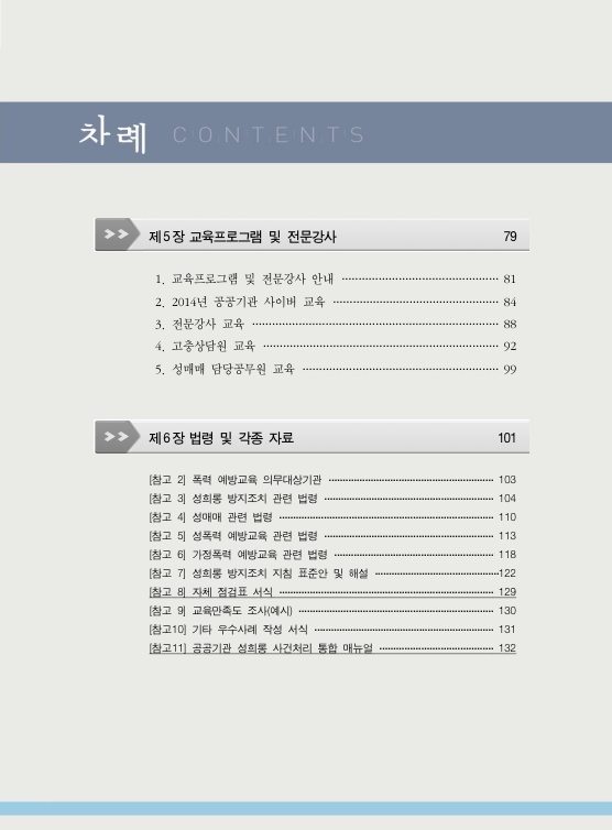 차례 2. 제 5장 교육프로그램 및 전문강사 페이지 79. 1. 교육프로그램 및 전문강사 안내 페이지 81. 2. 2014년 공공기관 사이버 교육 페이지 84. 3. 전문강사 교육 페이지 88. 4. 고충상담원 교육 페이지 92. 5. 성매매 담당공무원 교육 페이지 99. 제 6장 법령 및 각종 자료 페이지 101. (참고 2) 폭력 예방교육 의무대상기관 페이지 103. (참고 3) 성희롱 방지조치 관련 법령 페이지 104. (참고 4) 성매매 관련 법령 페이지 110. (참고 5) 성폭력 예방교육 관련 법령 페이지 113. (참고 6) 가정폭력 예방교육 관련 법령 페이지 118. (참고 7) 성희롱 방지조치 지침 표준안 및 해설 페이지 122. (참고 8) 자체 점검표 서식 페이지 129. (참고 9) 교육만족도 조사(예시) 페이지 130. (참고 10) 기타 우수사례 작성 서식 페이지 131. (참고 11) 공공기관 성희롱 사건처리 통합 매뉴얼 페이지 132. 차례 끝.
