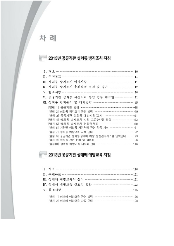 차례 1. 2013년 공공기관 성희롱 방지조치 지침. 1. 개요 페이지 10. 2. 추진목표 페이지 11. 3. 성희롱 방지조치 이행사항 페이지 11. 4. 성희롱 방지조치 추진실적 점검 및 평가 페이지 17. 5. 협조사항 페이지 20. 6. 공공기관 성희롱 사건처리 통합 업무 매뉴얼 페이지 21. 7. 성희롱 방지준칙 및 대처방법 페이지 45. (별첨 1) 공공기관 범위 페이지 48. (별첨 2) 성희롱 방지조치 관련 법령 페이지 49. (별첨 3) 공공기관 성희롱 예방지침(고시) 페이지 51. (별첨 4) 성희롱 방지조치 지침 표준안 및 해설 페이지 53. (별첨 5) 성희롱 방지조치 현장점검표 페이지 60. (별첨 6) 성희롱 방지조치 현장점검표 페이지 60. (별첨 7) 성희롱 예방교육 자료 안내 페이지 92. (별첨 8) 공공기관 성희롱성매매 예방 통합관리시스템 입력안내 페이지 93. (별첨 9) 성희롱 관련 판례 및 결정례 페이지 96. (별첨 10) 성폭력 예방교육 의무화 안내 페이지 116. 2013년 공공기관 성매매 예방교육 지침. 1. 개요 페이지 120. 2. 추진목표 페이지 121. 3. 성매매 예방교육의 실시 페이지 121. 4. 성매매 예방교육 실효성 강화 페이지 123. 5. 협조사항 페이지 125. (별첨 1) 성매매 예방교육 관련 법령 페이지 126. (별첨 2) 성매매 예방교육 자료 안내 페이지 128.