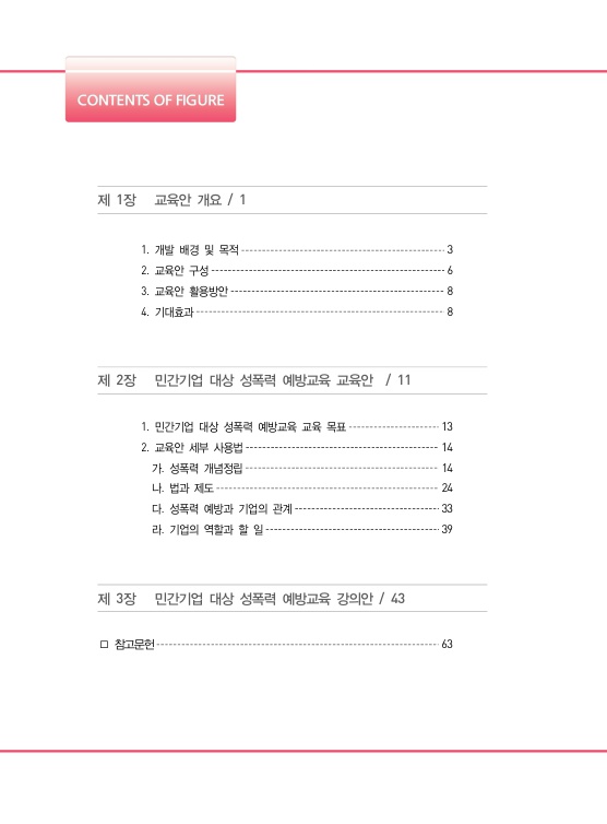 목차 1. 제 1장 교육안 개요 페이지 1. 1. 개발 배경 및 목적 페이지 3. 2. 교육안 구성 페이지 6. 3. 교육안 활용방안 페이지 8. 4. 기대효과 페이지 8. 제 2장 민간기업 대상 성폭력 예방교육 교육안 페이지 11. 1. 민간기업 대상 성폭력 예방교육 교육 목표 페이지 13. 2. 교육안 세부 사용법 페이지 14. 가. 성폭력 개념정립 페이지 14. 나. 법과 제도 페이지 24. 다. 성폭력 예방과 기업의 관계 페이지 33. 라. 기업의 역할과 할 일 페이지 39. 제 3장 민간기업 대상 성폭력 예방교육 강의안 페이지 43. 참고문헌 페이지 63. 목차 끝.