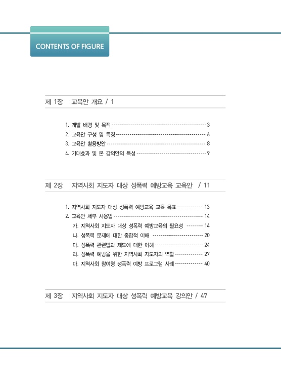 목차. 제 1장 교육안 개요 페이지 1. 1. 개발 배경 및 목적 페이지 3. 2. 교육안 구성 및 특징 페이지 6. 3. 교육안 활용방안 페이지 8. 4. 기대효과 및 본 강의안의 특성 페이지 9. 제 2장 지역사회 지도자 대상 성폭력 예방교육 교육안 페이지 11. 1. 지역사회 지도자 대상 성폭력 예방교육 교육 목표. 페이지 13. 2. 교육안 세부 사용법 페이지 14. 가. 지역사회 지도자 대상 성폭력 예방교육의 필요성 페이지 14. 나. 성폭력 문제에 대한 종합적 이해 페이지 24. 다. 성폭력 관련법과 제도에 대한 이해 페이지 24. 라. 성폭력 예방을 위한 지역사회 지도자의 역할 페이지 27. 마. 지역사회 참여형 성폭력 예방 프로그램 사례 페이지 40. 제 3장 지역사회 지도자 대상 성폭력 예방교육 강의안 페이지 47. 목차 끝.