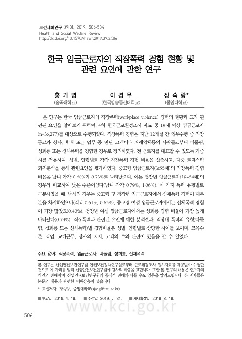 표지 및 초록. 보건사회연구 39(3), 2019, 506-534. Health and Social Welfare Review. http://dx.doi.org/10.16709/hswr.2019.39.3.506. 한국 임금근로자의 직장폭력 경험 현황 및 관련 요인에 관한 연구. 홍기명(송곡대학교), 이경무(한국방송통신대학교), 장숙랑(중앙대학교. 교신저자 : 장숙랑, 중앙대학교(sjang@cau.ac.kr). 본 연구는 한극 임근근로자의 직장폭력(workplace violence) 경험의 현황과 그와 관련된 요인을 알아보기 위하여, 4차 한국근로환경조사 자료 중 19세 이상 임금근로자(n=36,277)를 대상으로 수행되었다. 직장폭력 경험은 지난 12개월 간 업무수행 중 직장동료와 상사, 후배 또는 업무 중 만난 고객이나 거래업체 등의 사람들로부터 따돌림, 성희롱 또는 신체폭력을 경험한 경우로 정의하였다. 전 근로자를 대표할 수 있도록 가중치를 적용하여, 성별, 연령별로 각각 직장폭력 경험 비율을 산출하고, 다중 로지스틱 회귀분석을 통해 관련요인을 평가하였다. 중고령 임금근로자(55세 이하)의 직장폭력 경험 비율은 남녀 각각 0.68퍼센트와 0.73퍼센트로 나타났으며, 이는 청장년 임금근로자(19세 이상 54세 이하) 의 경우와 비교하여 낮은 수준이었다(남녀 각각 0.79퍼센트, 1.06퍼센트). 세 가지 폭력 유형별로 구분하였을 때, 남성의 경우는 중고령 및 청장년 임금근로자에서 신체폭력 경험이 대부분을 차지하였으나(각각 0.61퍼센트, 0.65퍼센트), 중고령 여성 임금근로자에서는 신체폭력 경험이 가장 많았고(0.40퍼센트), 청장년 여성 임금근론자에서는 성희롱 경험 비율이 가장 높게 나타났다(0.74퍼센트). 직장폭력과 관련된 요인에 대한 분석결과, 직장내 폭력의 유형(따돌림, 성희롱 또는 신체폭력)별 경험비율은 성별, 연령별로 상당한 차이를 보이며, 교육수준, 직업, 교대근무, 상사의 지지, 고객의 수와 관련이 있음을 알 수 있었다. 주요 용어 : 직장폭력, 임금근로자, 따돌림, 성희롱, 신체폭력. 주석 : 본 연구는 산업안전보건연구원 안전보건정책연구실로부터 근로환경조사 원시자료를 제공받아 수행한 것으로 이 자리를 빌려 산업안전보건연구원에 감사 마음을 표합니다. 또한 본 연구의 내용은 연구자의 개인의 견해이며, 산업안전보건연구원의 공식적 견해와 다를 수도 있음을 알려드립니다. 본 저자들은 논문의 내용과 관련한 이해상충이 없습니다. 투고일 : 2019. 4. 18. 수정일 : 2019. 7. 31. 게재확정일 : 2019. 8. 19.