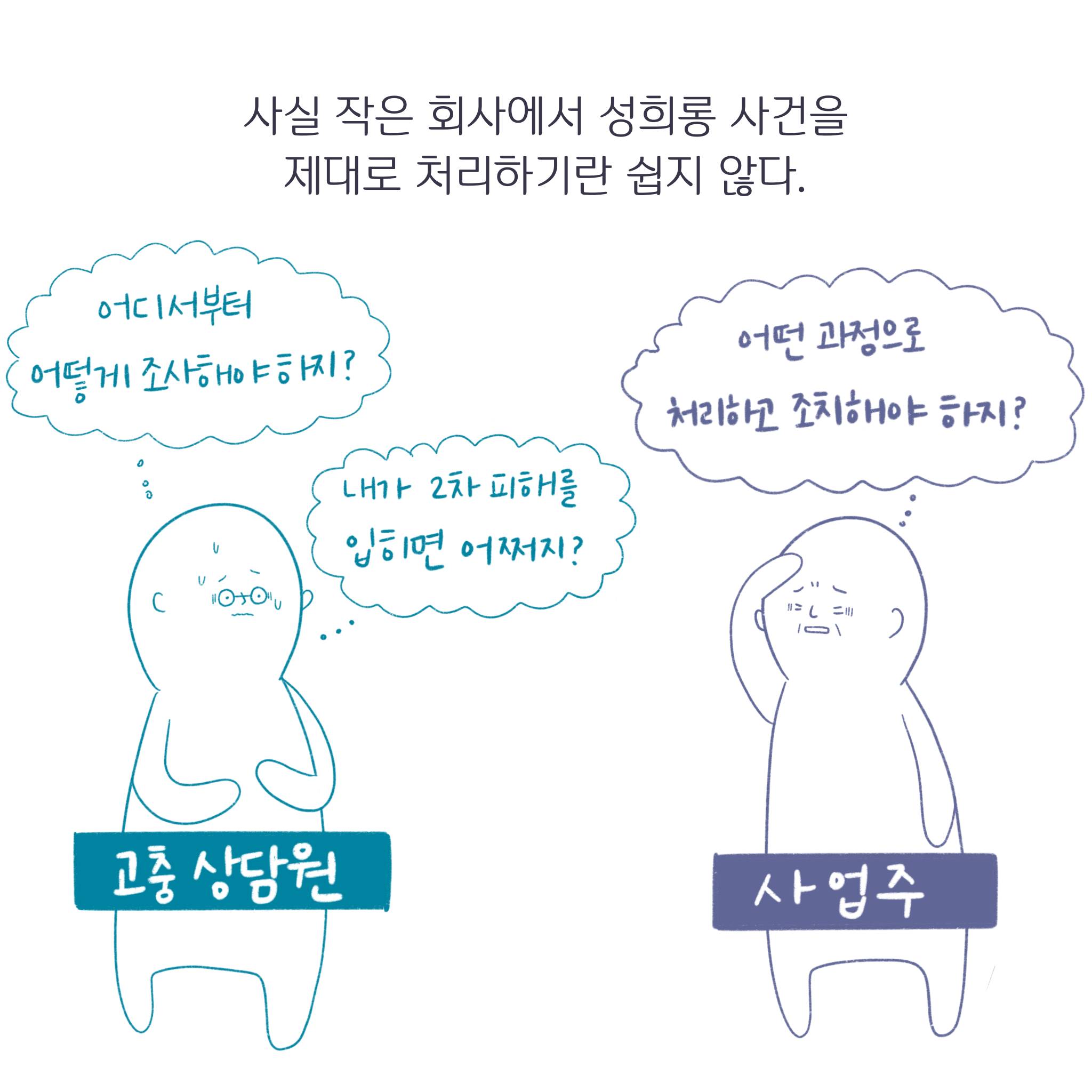 사실 작은 회사에서 성희롱 사건을 제대로 처리하기란 쉽지 않다. 고충상담원: 어디서부터 어떻게 조사해야 하지? 내가 2차 피해를 입히면 어쩌지? 사업주: 어떤 과정으로 처리하고 조치해야 하지?