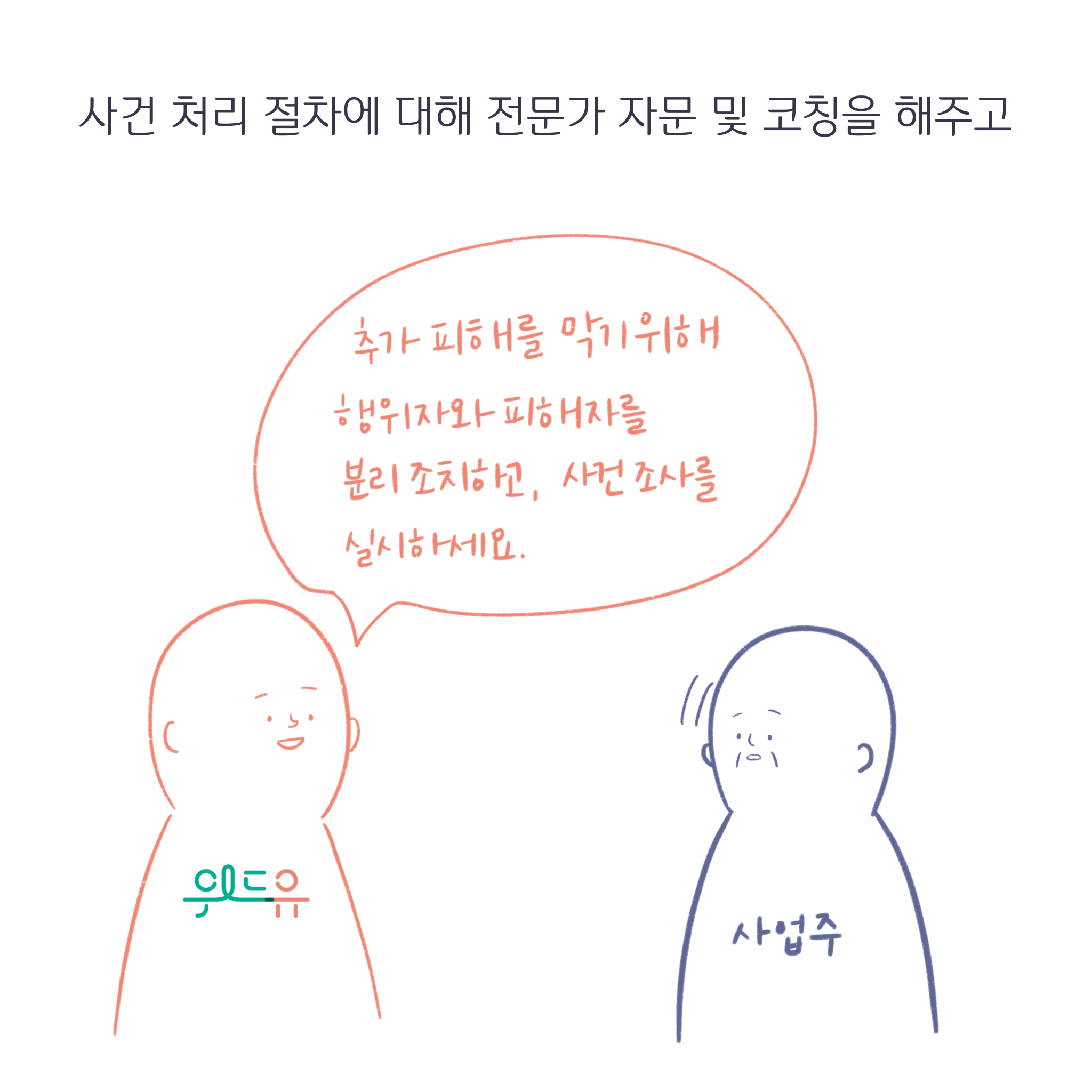 사건 처리 절차에 대해 전문가 자문 및 코칭을 해주고. 위드유: 추가피해를 막기 위해 행위자와 피해자를 분리 조치하고, 사건 조사를 실시하세요. 사업주: 끄덕임.