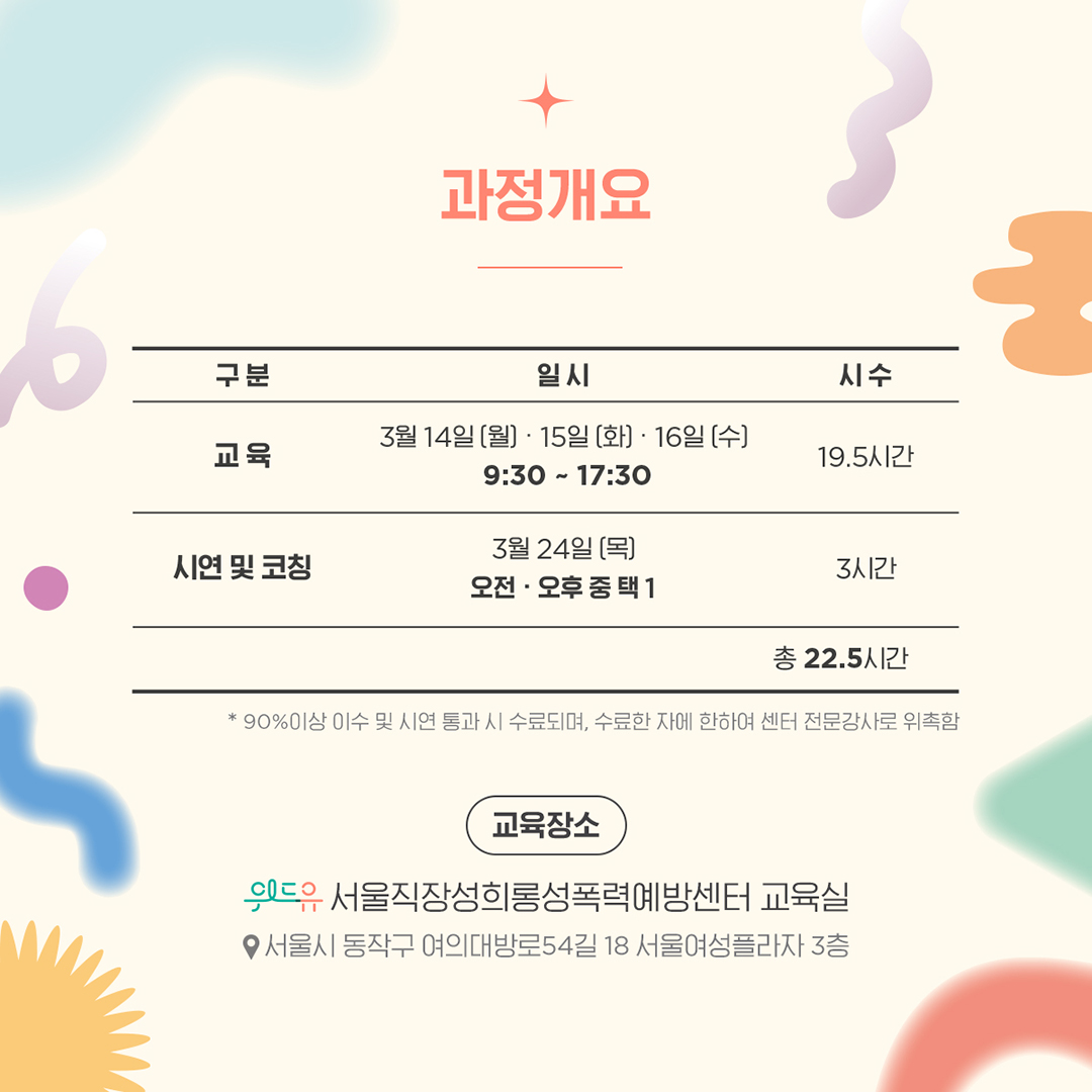 3장 시작. 과정개요. 교육 일시 3월 14일(월) 15일(화) 15일(수) 시수 19.5시간. 시연 및 코칭 일시 3월 24일(목) 오전 오후 중 택 1 시수 3시간 총 22.5시간. 90%이상 이수 및 시연 통과 시 수료되며, 수료한 자에 한하여 센터 전문강사로 위촉함. 교육장소 위드유 서울직장성희롱성폭력예방센터 교육실. 서울시 동작구 여의대방로54길 18 서울여성플라자 3층.  3장 끝.