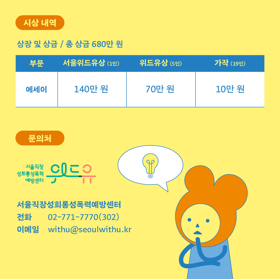 시상내역 (상장 및 상금/총 상금 680만원) 부문: 서울 위드유상 에세이(1인) 140만 원 위드유상 에세이(5인) 70만 원 가작(19인) 10만 원 | 문의처 : 위드유 서울직장성희롱성폭력예방센터 전화 : 02-771-7770(302) 이메일 : withu@seoulwithu.kr)