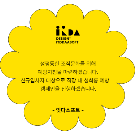 잇다소프트. 성평등한 조직문화를 위해 예방지침을 마련하겠습니다. 신규입사자 대상으로 직장 내 성희롱 예방 캠페인을 진행하겠습니다.