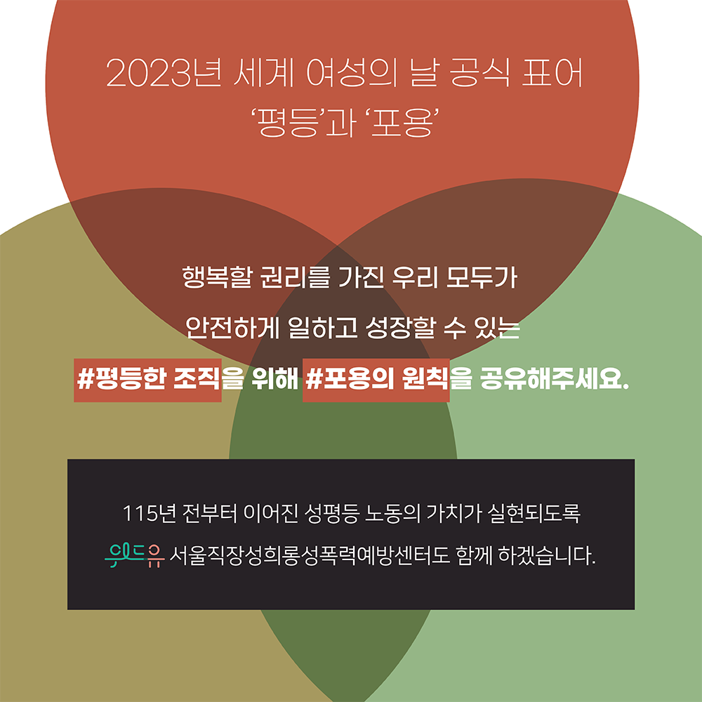 카드6. 2023년 세계 여성의 날 공식 표어 ‘평등’과 포용’. 행복할 권리를 가진 우리 모두가 안전하게 일하고 성장할 수 있는 평등한 조직을 위해 포용의 원칙을 공유해주세요. 115년 전부터 이어진 성평등 노동의 가치가 실현되도록 위드유 서울직장성희롱성폭력예방센터도 함께 하겠습니다. 카드뉴스 끝.